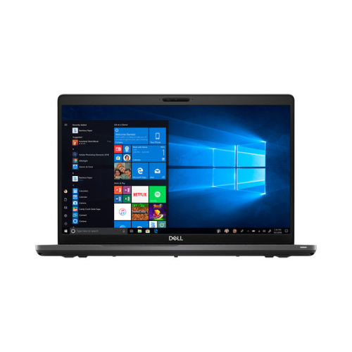 A certified refurbished Dell Latitude 5500 i7-8665U 32GB 512GB SSD 15.6" W11P laptop with a black keyboard displays the Windows 11 Pro home screen, filled with apps and icons, set against a plain white background.