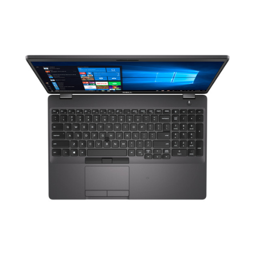 A Dell Latitude 5500 i7-8665U 32GB 512GB SSD 15.6" W11P laptop is shown from above, highlighting its black keyboard, touchpad, and Windows interface. This certified refurbished Dell device is centered on a white background.