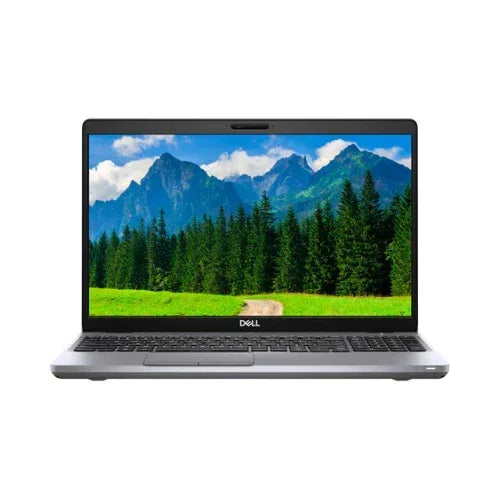 A certified refurbished Dell Latitude 5511 i7-10850H laptop with 32GB RAM and 512GB SSD displays a scenic landscape on its 15.6" screen, all against a white background.