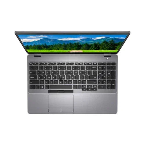 A silver Dell Latitude 5511 i7-10850H laptop with 32GB RAM and 512GB SSD is viewed from above, displaying a mountain landscape on its screen. The certified refurbished Dell’s keyboard and touchpad highlight its sleek design.