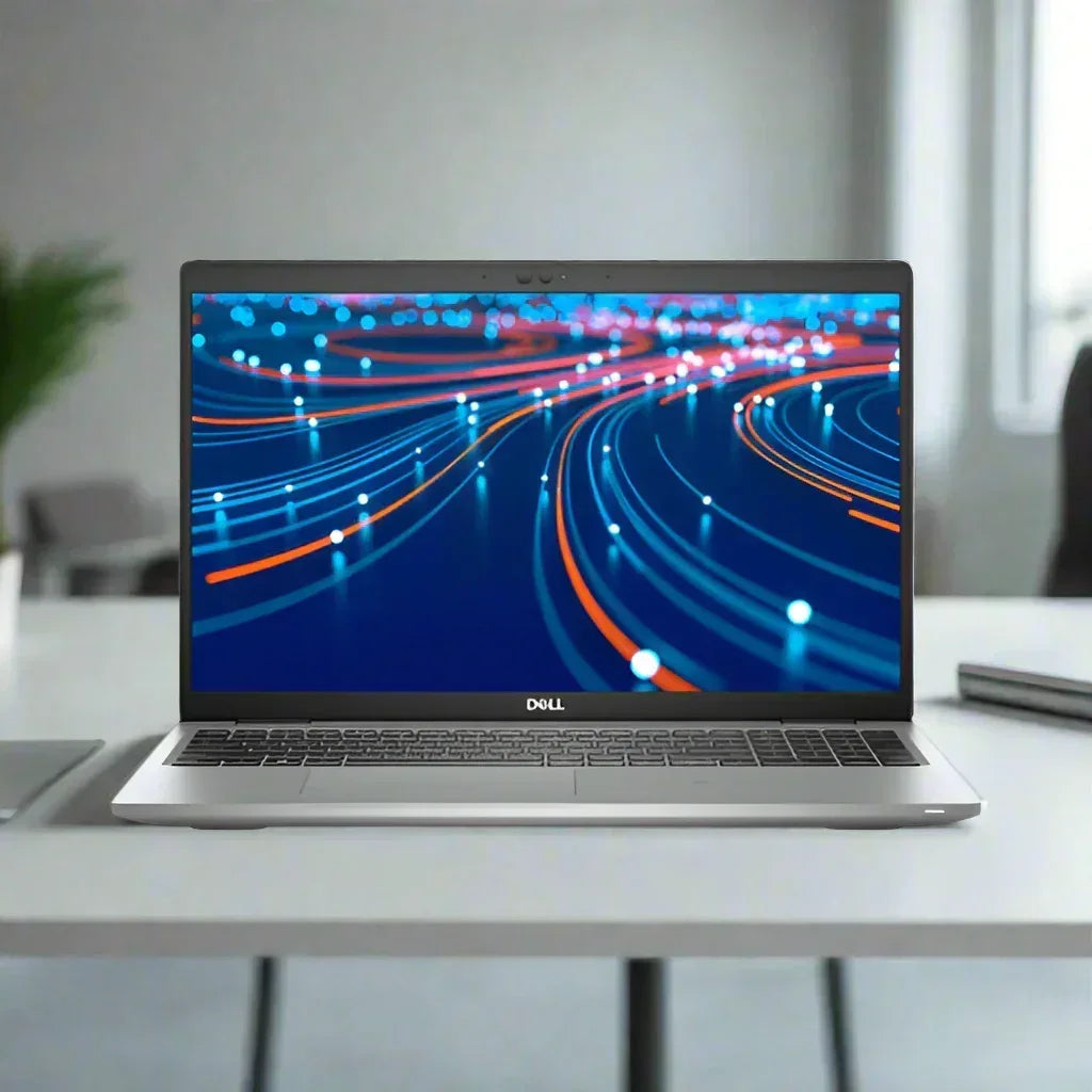 A Dell Latitude 5520 i7 laptop sits on a white desk with a blurred background. Its screen shows blue and red glowing lines, emphasizing its powerful Intel Core i7-1165G7 processor, 32GB RAM, and 512GB SSD.