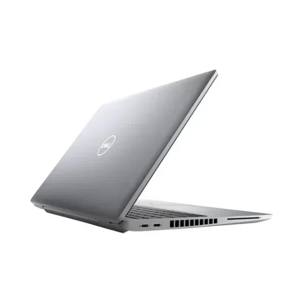 A silver Dell Latitude 5520 laptop, partially open and viewed from the back left, displays the Dell logo and edge ports. It features an Intel Core i7-1165G7 processor, 32GB RAM, 512GB SSD, a 15.6" screen, and runs Windows 11 Pro.