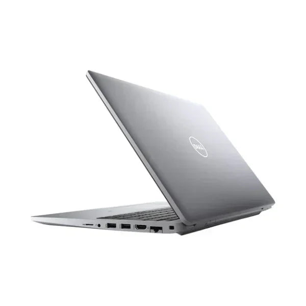 A silver Dell Latitude 5520 laptop, partially open and viewed from the back left, shows the Dell logo and side ports against a white background. Features Intel Core i7-1165G7, 32GB RAM, 512GB SSD, 15.6" display, Windows 11 Pro.