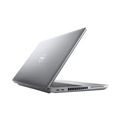 A silver refurbished Dell Latitude 5521 business laptop, shown partially open from the back left with visible Dell logo and side ports, features an i7-11850H processor, 32GB RAM, 2TB SSD, 15.6" display, and runs Windows 11 Pro. White background.