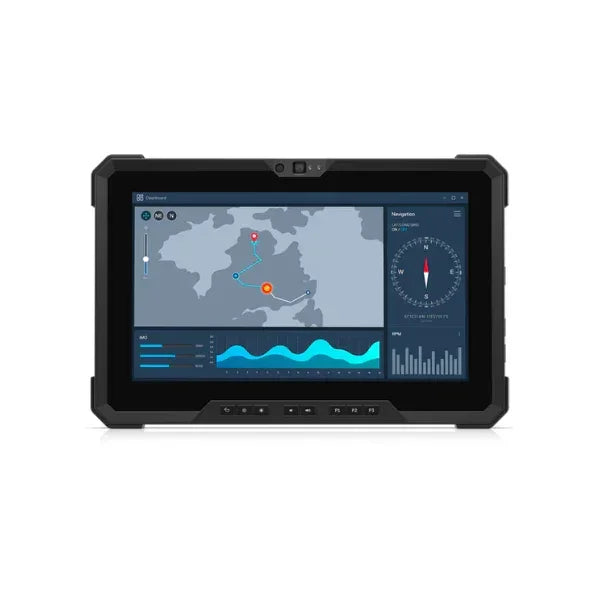 The Dell Latitude 7220 Rugged Tablet (i5 8365U, 8GB, 256GB SSD, 11.6 LTE, W11P) by Dell displays a navigation dashboard with map, route, compass, and graphs on its screen against a white background.