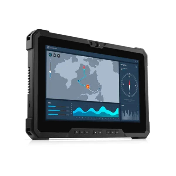 The Dell Latitude 7220 Rugged Tablet (i5 8365U, 8GB RAM, 256GB SSD, 11.6 LTE, W11P) features thick protective edges and multiple buttons below the display for durability and control while displaying maps, data graphs, and a compass.