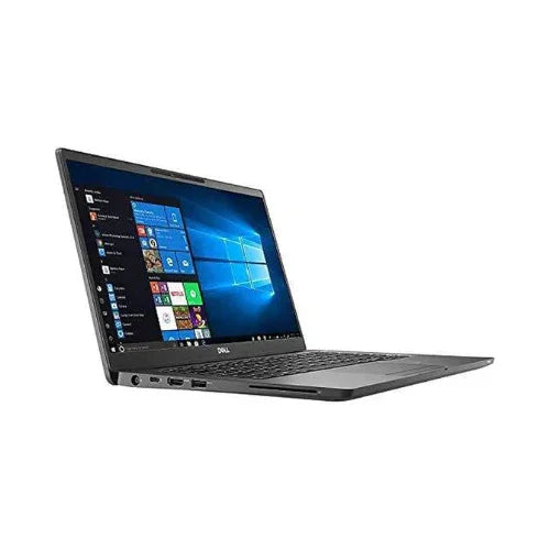 A refurbished Dell Latitude 7400 with Intel Core i7-8665U, 16GB RAM, 256GB SSD, and a 14 touchscreen running Windows 11 Pro is shown angled from the left side, displaying several ports and the keyboard.