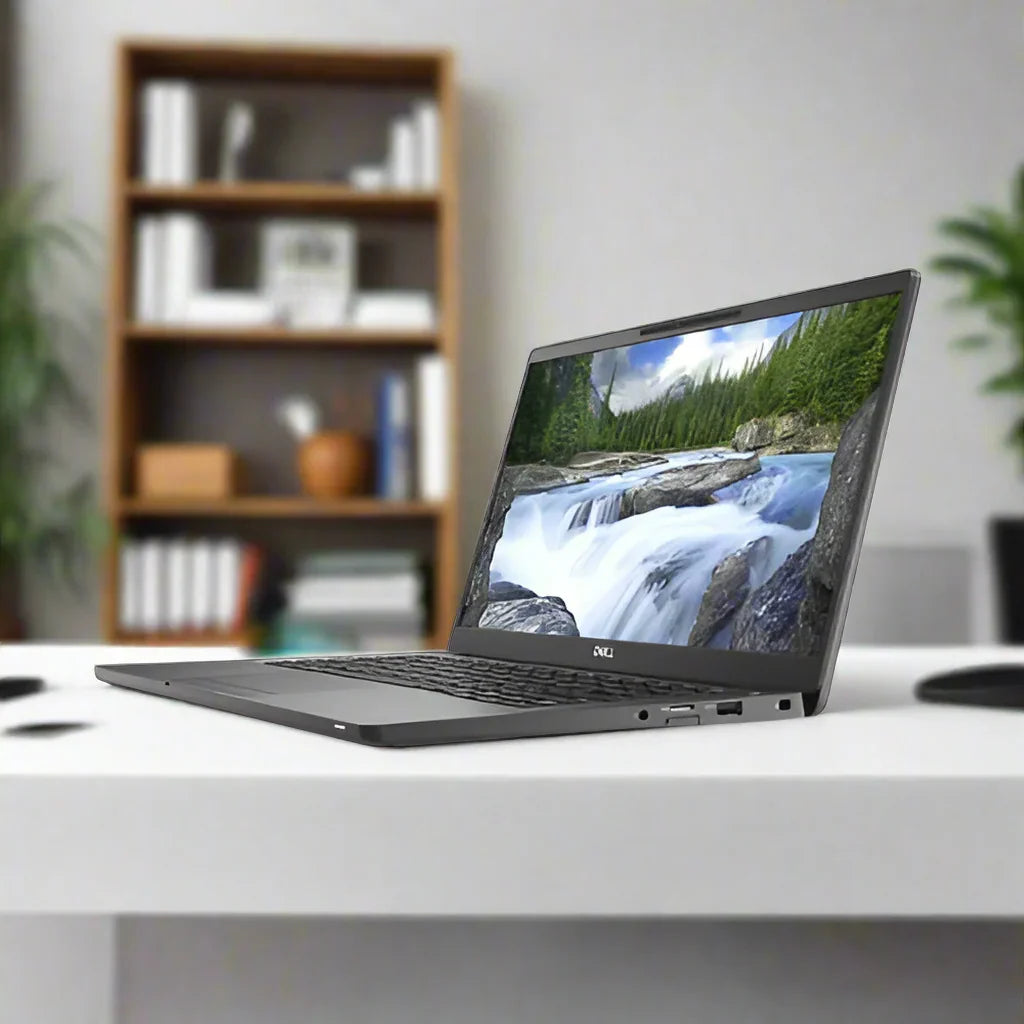 A black Dell Latitude 7400 i7 8665U laptop with 16GB RAM and 256GB SSD sits open on a white desk, displaying a waterfall screensaver in an office with a blurred bookshelf and green plant in the background.