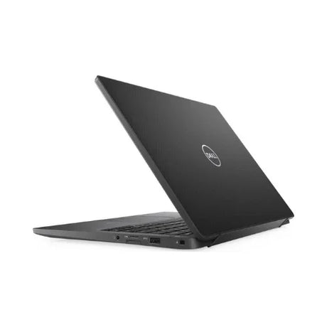 A black Dell Latitude 7400 i5-8365U 8GB 256GB SSD 14" laptop is partially open, showing the Dell logo and ports, on a white surface with a plain background, ready for Windows 11 Pro.