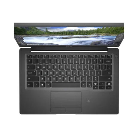 Top-down view of a refurbished Dell Latitude 7400 i7 8665U 1.6GHz, 16GB RAM, 256GB SSD, with a 14 touch display running Windows 11 Pro—keyboard, touchpad, and a landscape on-screen are visible.