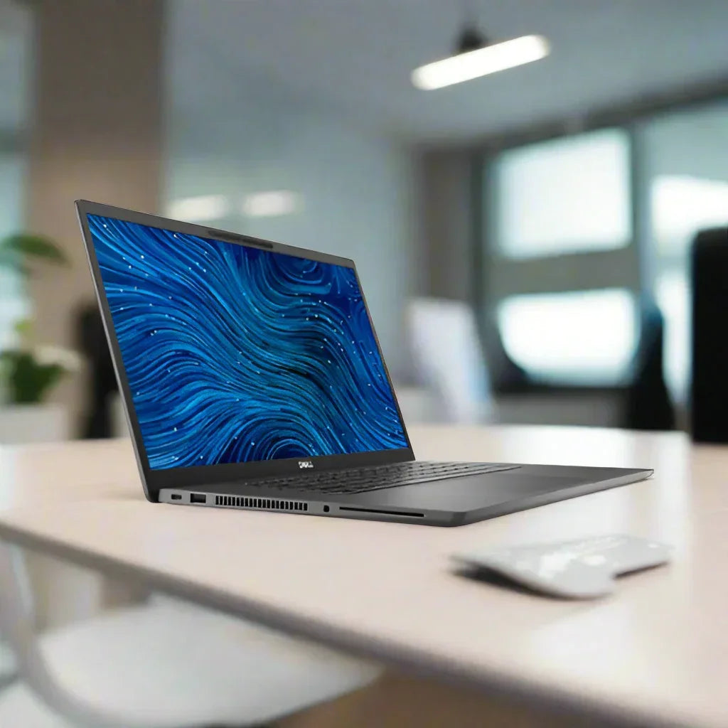 A certified refurbished Dell Latitude 7520 i7-1165G7 15.6" Touch business laptop sits open on a light desk in a bright office, displaying a blue swirling pattern on its screen. A Dell-branded computer mouse is nearby.