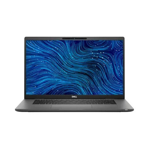 A gray Dell Latitude 7520 i7-1165G7 2.8GHz 16GB 256GB 15.6" Touch business laptop is shown from the front with a blue abstract wavy pattern on the screen, set against a white background.