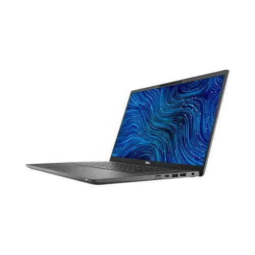 A black Dell Latitude 7520 i7-1165G7 15.6" Touch business laptop is shown open at an angle, displaying a blue abstract pattern on the screen with visible right-side ports against a plain white background.