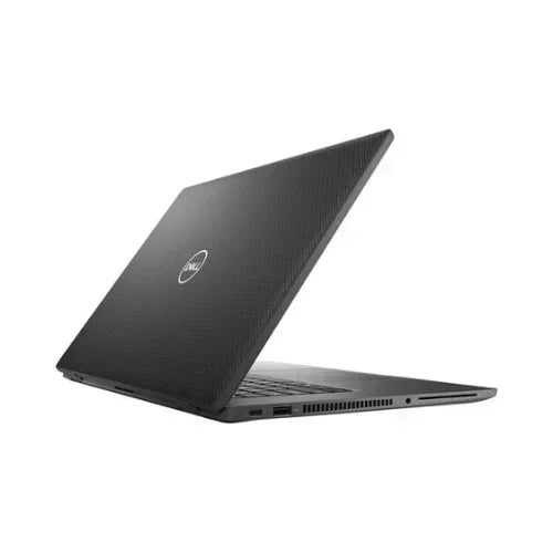 A partially open Dell Latitude 7520 i7-1165G7 15.6" Touch business laptop is viewed from the back left, showing its textured black lid with Dell logo and visible side ports.