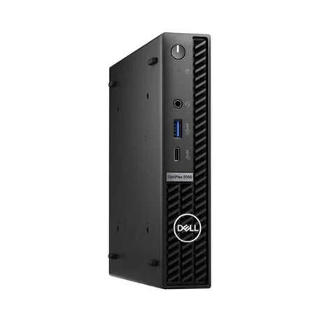 A Dell OptiPlex 5000 Micro i5 12500T 2GHz with 16GB RAM, 256GB storage, WiFi, and Windows 11 Pro stands vertically showing its front USB ports, audio jack, and power button against a plain white background.