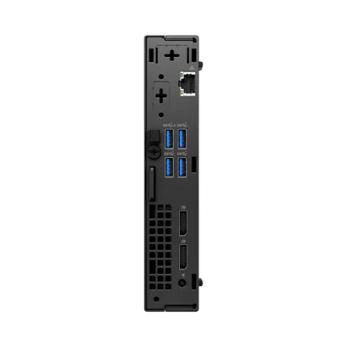 Rear view of the Dell OptiPlex 5000 Micro i5 12500T shows Ethernet, four USB 3.0 ports, HDMI, DisplayPort, power connector, and ventilation grills.