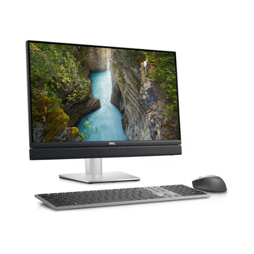 A Dell Refurbished OptiPlex 7410 AIO with Intel Core i5-13500T, 16GB RAM, 512GB SSD, WiFi, and a 24.6 display is shown on a white background with a scenic canyon image plus wireless keyboard and mouse.