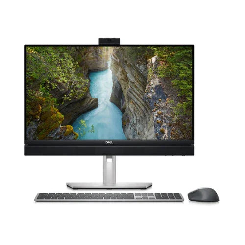 A Dell Refurbished OptiPlex 7410 All-in-One with a 24.6 display, Intel Core i5-13500T 1.6GHz, 16GB RAM, 512GB SSD, WiFi, webcam, wireless keyboard and mouse is shown displaying a scenic river canyon.
