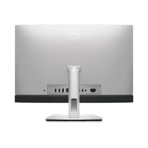 Rear view of a Dell Refurbished OptiPlex 7410 AIO i5 13500T, 16GB RAM, 512GB SSD, WIFI, 24.6 W11P showing its silver stand and ports including USB, HDMI, DisplayPort, and audio connections.