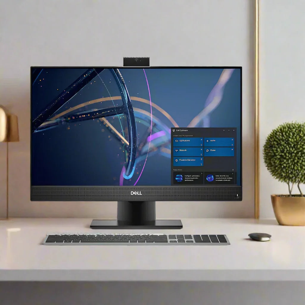 A Dell Optiplex 7400 AIO (i5-12500, 8GB, 256GB SSD, 23.8) sits on a modern white desk with a widescreen display showing abstract art, keyboard, mouse, potted plant, and notebook.