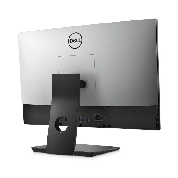 The Dell Optiplex 7400 AIO features a sleek silver and black design, Dell logo on top, a stand with circular cutout, ports along the bottom edge, and is powered by an Intel i5-12500 12th Gen processor.