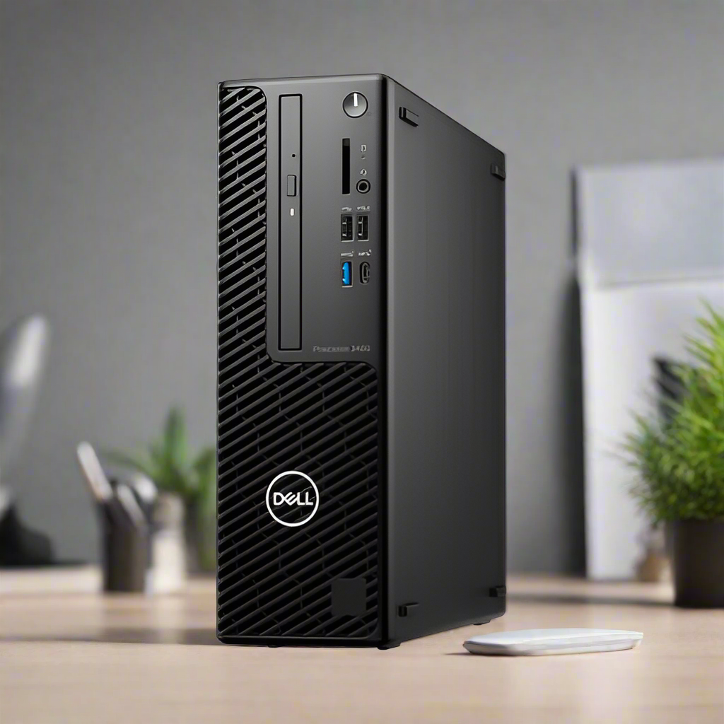 A Dell Precision 3460 SFF i7 12700 workstation sits on a wooden desk beside a white wireless mouse, with office supplies and a potted plant blurred in the background.