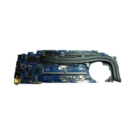 A Lenovo Dell Precision 3551 i7-10850H 2.7GHz P620 Motherboard LA-J282P M21VD is shown from above, featuring a large black heat sink, visible chips and connectors, on a white background.