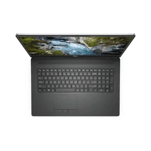 Top view of a refurbished Dell Precision 7550 i7 10750H laptop with full keyboard and trackpad, displaying a river and rocks on the screen, set against a white background.