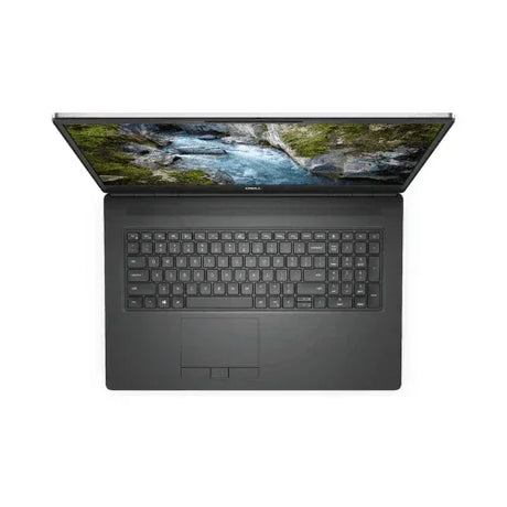 Top view of a refurbished Dell Precision 7550 i7 10750H laptop with full keyboard and trackpad, displaying a river and rocks on the screen, set against a white background.