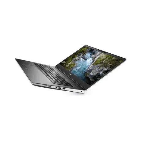 A silver refurbished Dell Precision 7550, partially open and angled to show the keyboard and side ports, displays a vivid nature scene. This sustainable laptop features an Intel Core i7-10750H processor, 32GB RAM, and a 512GB SSD.