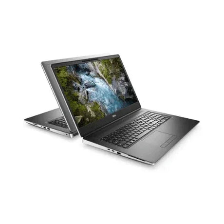 Two silver refurbished Dell Precision 7550 laptops with Intel Core i7-10750H, 32GB RAM, and 512GB SSD are positioned back-to-back, open to display a river and greenery scene on their screens against a white background.