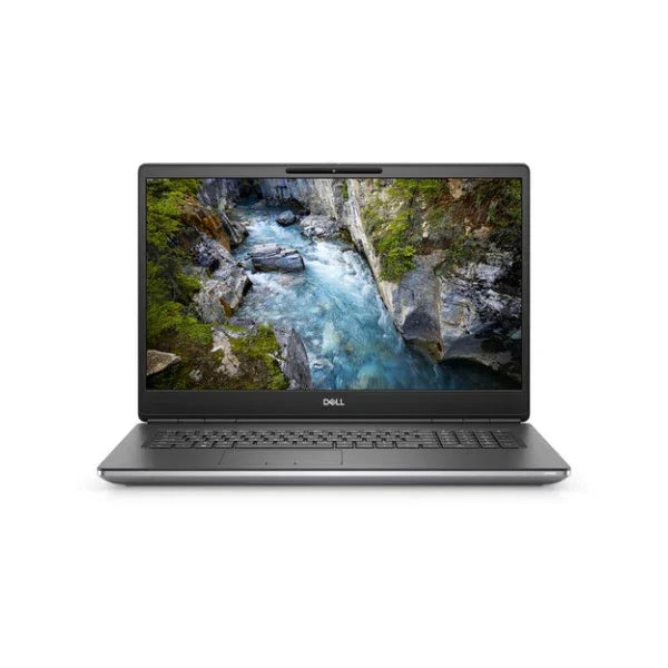 The Dell Precision 7760 i7 laptop features a 17.3" wide display, shown here with a scenic image of a blue river through rocky cliffs and greenery, all on a white background. Specs: i7-11840H, 32GB RAM, 256GB SSD, T1200 GPU, Windows 11 Pro.