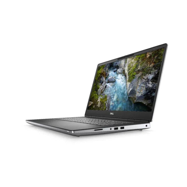 The Dell Precision 7760 i7 11840H 2.5GHz, 32GB RAM, 256GB SSD, NVIDIA T1200, 17.3" display, Windows 11 Pro refurbished laptop is shown from the front left with a river and rocky landscape on screen against a white background.