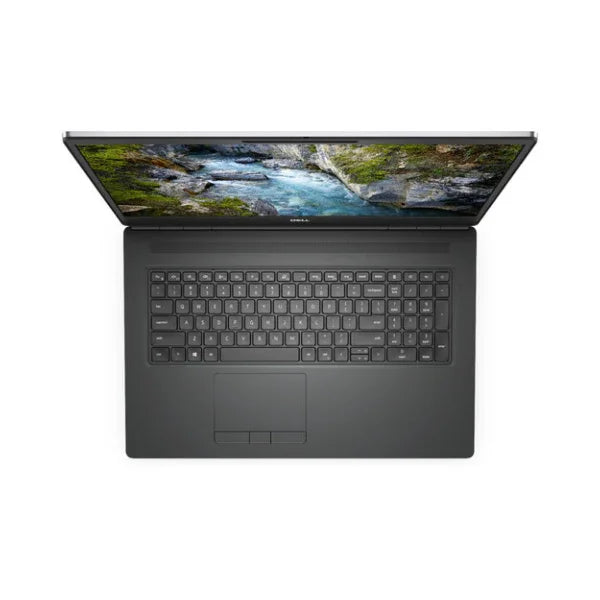 Top view of a refurbished Dell Precision 7760 i7 laptop with full keyboard, touchpad, and vibrant screen—a high-performance Dell 17.3" notebook (32GB RAM, 256GB SSD, T1200 GPU) running Windows 11 Pro with warranty.