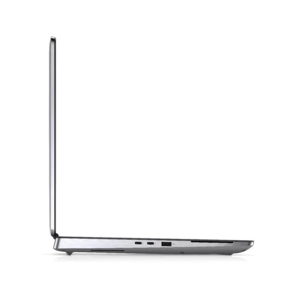 A slim silver Dell Precision 7760 with i7 11840H, 32GB RAM, and 256GB SSD is open at a 90-degree angle from the left side on a white background, displaying several ports along its base.