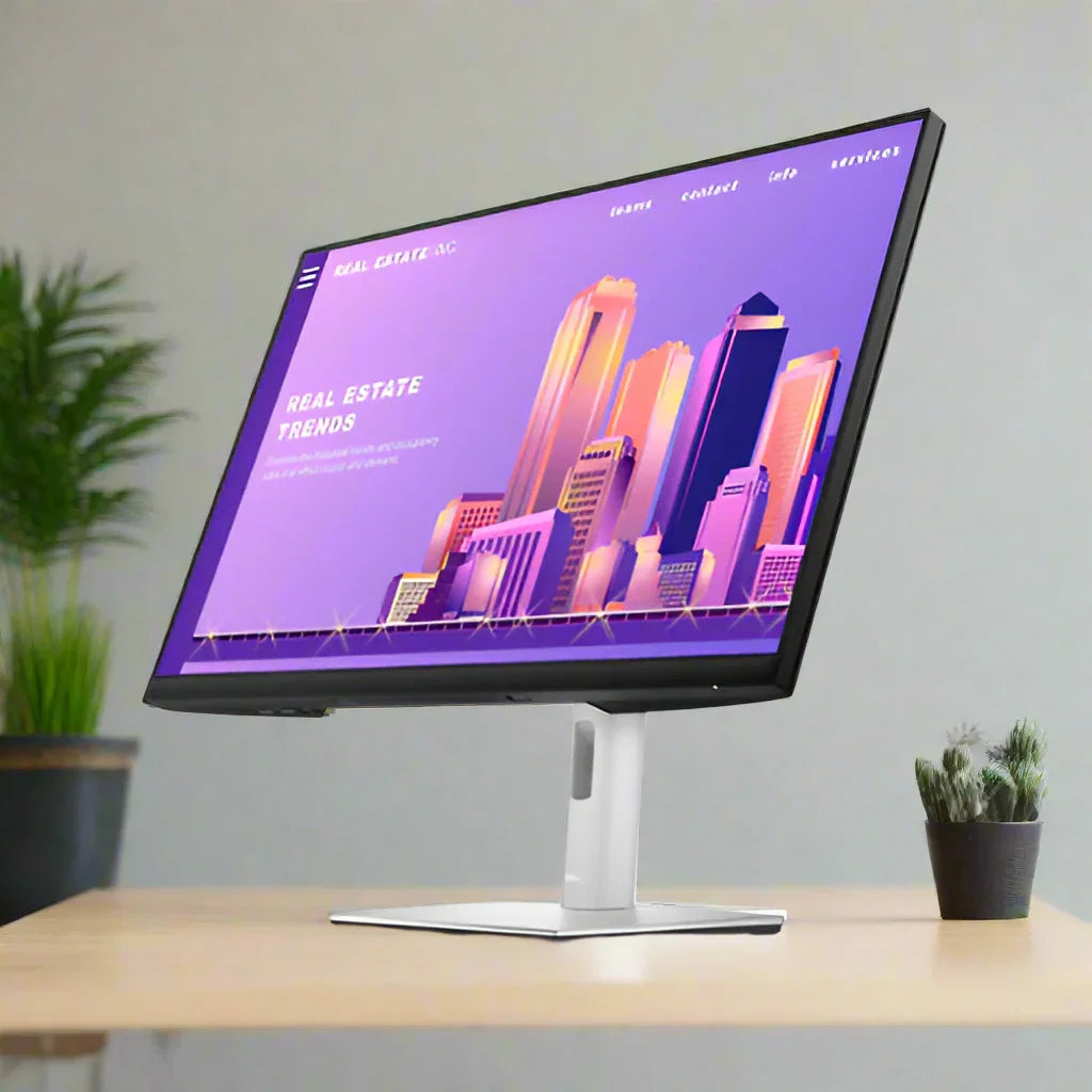 A Dell Professional P2722H IPS 27 monitor (1920x1080, HDMI/DP/VGA/USB, no stand) sits on a wooden desk, displaying a colorful real estate site with illustrated skyscrapers. Nearby are potted plants and a green plant in the background.