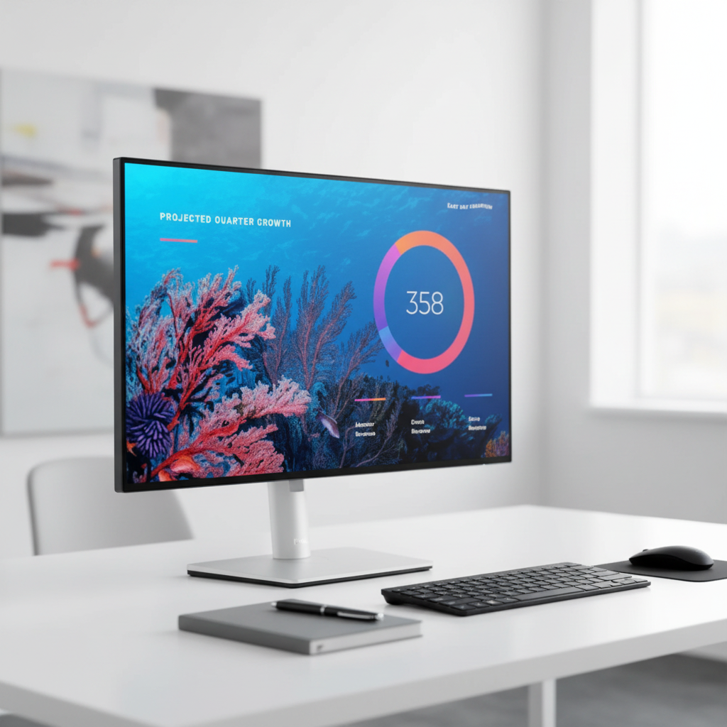 A Dell UltraSharp U2422H 24" IPS monitor shows a vibrant data visualization with a large circular graph reading 358, set against an underwater coral reef background.