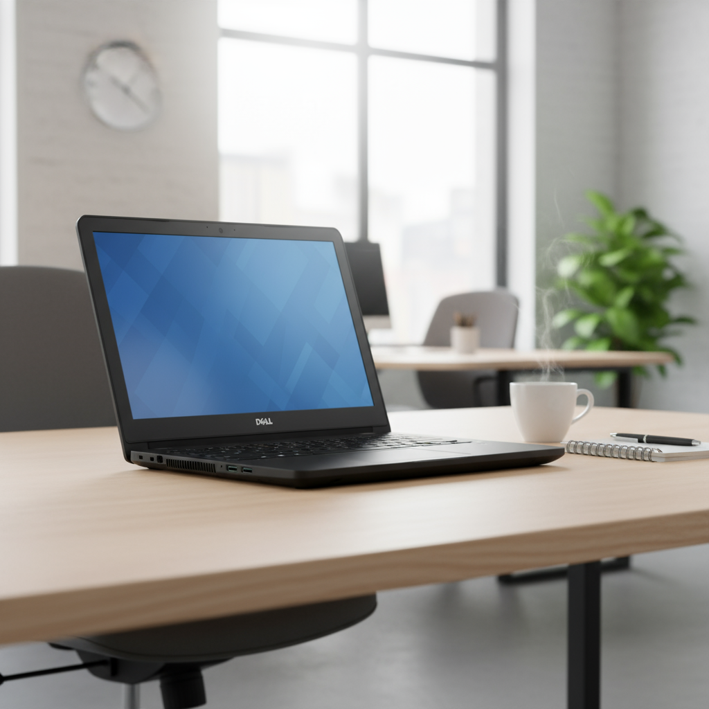 A Dell Vostro 3568 i3 laptop sits open on an office desk beside a hot coffee and a spiral notebook, with large windows, a wall clock, and a plant brightening the modern workspace.