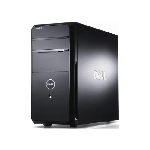 A refurbished black Dell Vostro 460 Tower desktop with Intel Core i7-2600 3.4GHz, 4GB RAM, and 1TB HDD, featuring two front drive bays and Dell logos on front/side, shown against a white background. No OS included.