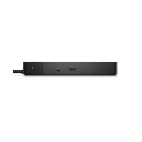 The Dell WD22TB4 Thunderbolt 4 Docking Station + Adapter | Wty, a slim rectangular black dock with Thunderbolt, USB-C, and USB-A ports on the front for seamless connectivity, is shown against a white background.