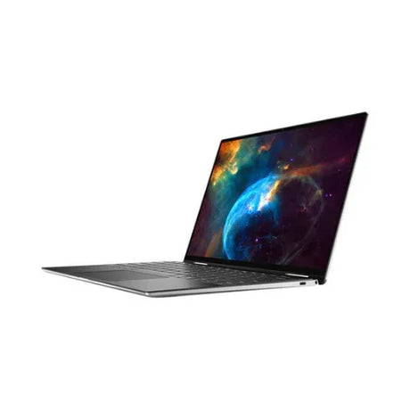 A slim silver Dell XPS 13 7390 2-in-1 i7 laptop with a 13.4 touch display shows a vibrant space-themed wallpaper, partially open and viewed from the side on a white background.