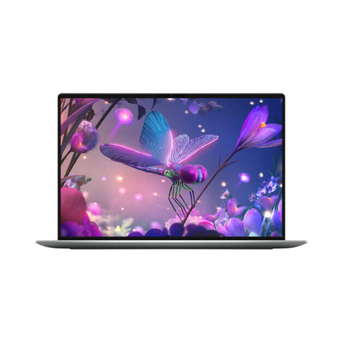 The Dell XPS 13 Plus 9320 with a 13.3" touchscreen shows a vibrant fantasy butterfly with purple and blue wings on a flower, surrounded by glowing lights and abstract floral designs.
