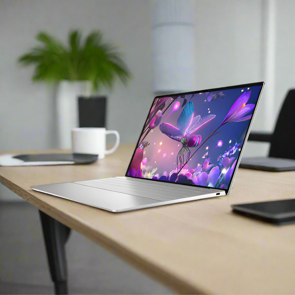 A sleek Dell XPS 13 Plus 9320 i7 laptop with a 13.3" OLED touchscreen shows a vivid butterfly on flowers atop a wooden desk, with a potted plant, white coffee cup, and blurred office furniture in the background.