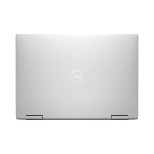A closed Dell Refurbished XPS 9310 2-in-1 i7 laptop is shown from above, featuring a centered Dell logo on the lid and two hinges at the bottom.