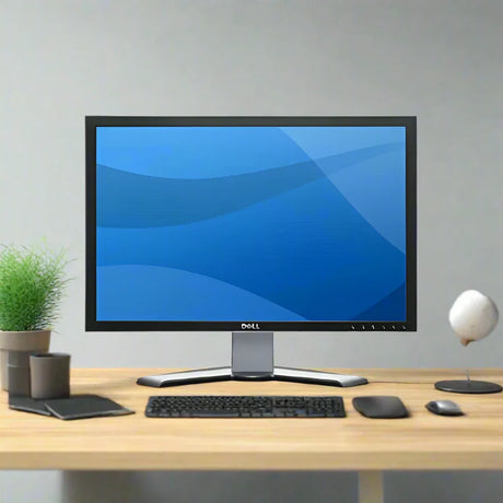 A Dell 2407WFP 19" 1920x1080 monitor displays a blue screen on a wooden desk with a potted plant, tablet, keyboard, mouse, and decor in a minimalist office setup.