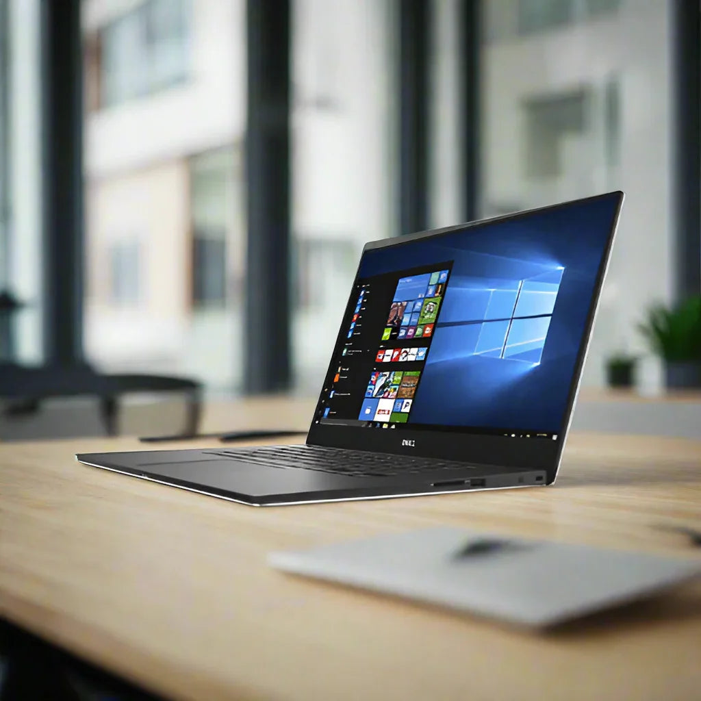 A certified refurbished Dell XPS 15 9560 with i7-7700HQ, 16GB RAM, 512GB SSD, and 15.6" UHD touch display runs Windows 10 Pro, open on a wooden desk in a modern office. A closed gray notebook is nearby.