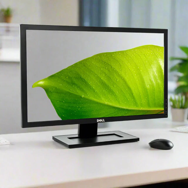 A Dell G2410T 24" 1920x1080 LCD Monitor on a white desk shows a vivid green leaf with water droplets, accompanied by a black wireless mouse in a bright, modern office setting.