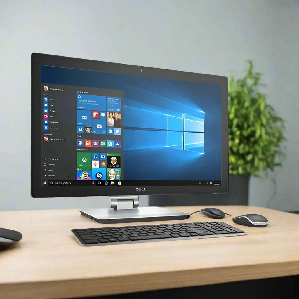 A certified refurbished Dell Inspiron 24-7459 AIO by Dell with a 23" touchscreen, Intel i5 6300HQ, 8GB RAM, and 1TB storage runs Windows 10 Pro and is shown on a wooden desk with a keyboard, mouse, and a potted plant in the background.