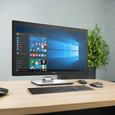 A certified refurbished Dell Inspiron 24-7459 AIO by Dell with a 23" touchscreen, Intel i5 6300HQ, 8GB RAM, and 1TB storage runs Windows 10 Pro and is shown on a wooden desk with a keyboard, mouse, and a potted plant in the background.