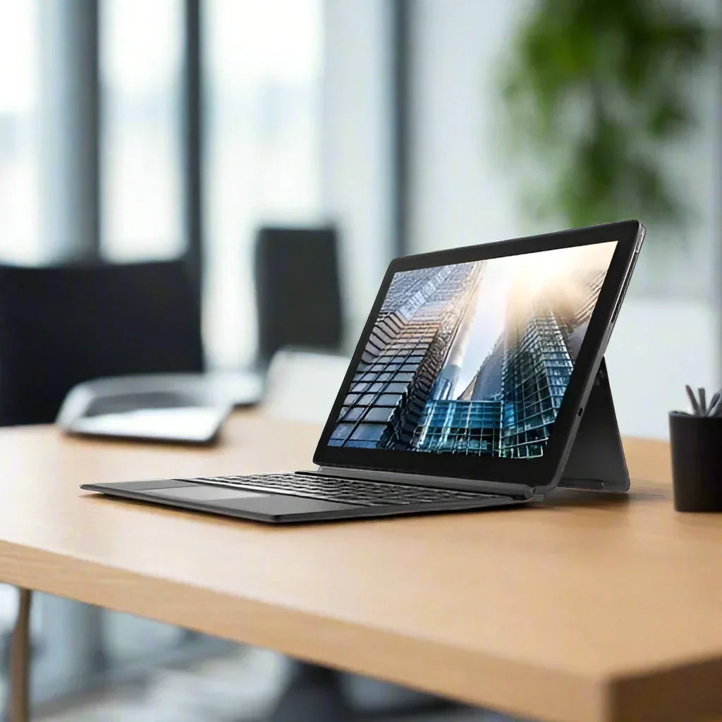 A Dell Latitude 12 5285 2-in-1 touchscreen laptop with keyboard cover sits on a wooden desk in a modern office, displaying a skyscraper on its 12.3 screen. The blurred background shows office supplies and a green plant.